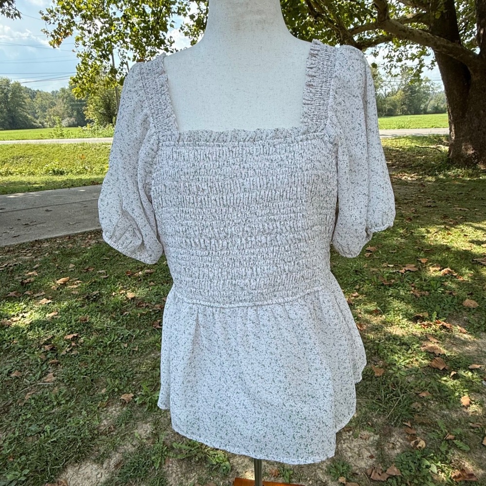 Arula Ditsy Floral Smocked Peplum Top Green Pink Puff Sleeve XL Peasant Prairie